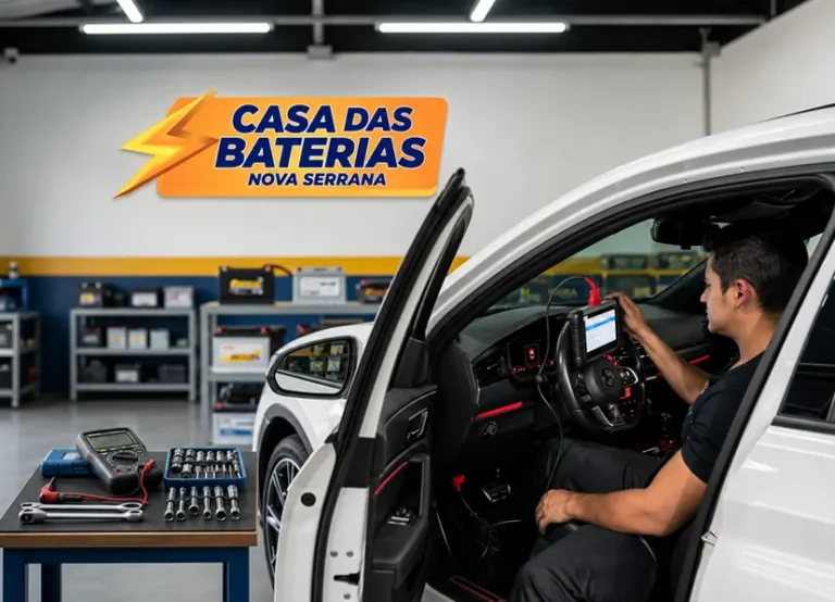 Técnico realizando diagnóstico eletrônico dentro do veículo na Casa das Baterias em Nova Serrana