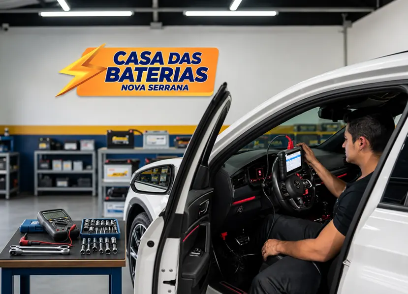 Técnico realizando diagnóstico eletrônico dentro do veículo na Casa das Baterias em Nova Serrana